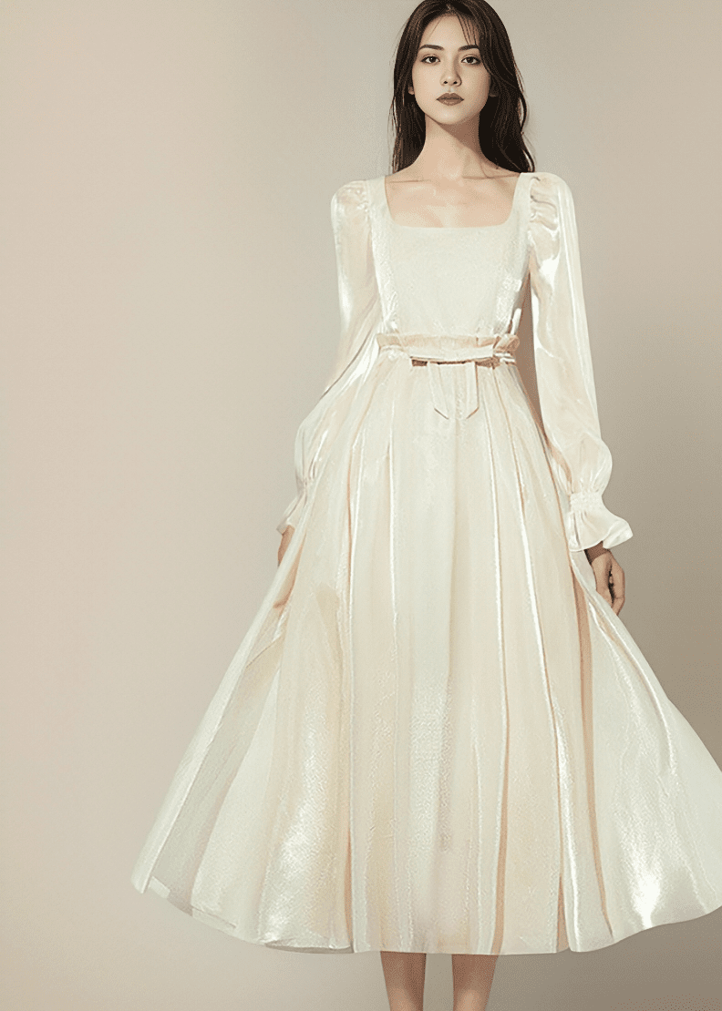 シルキーサテンサイドギャザーロングワンピース - Vera Lumina