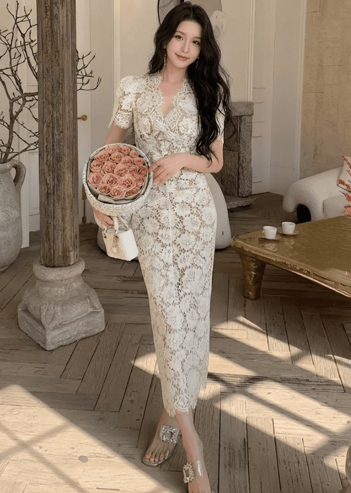 スカラップネックリボンパールマーメイドドレス - Vera Lumina