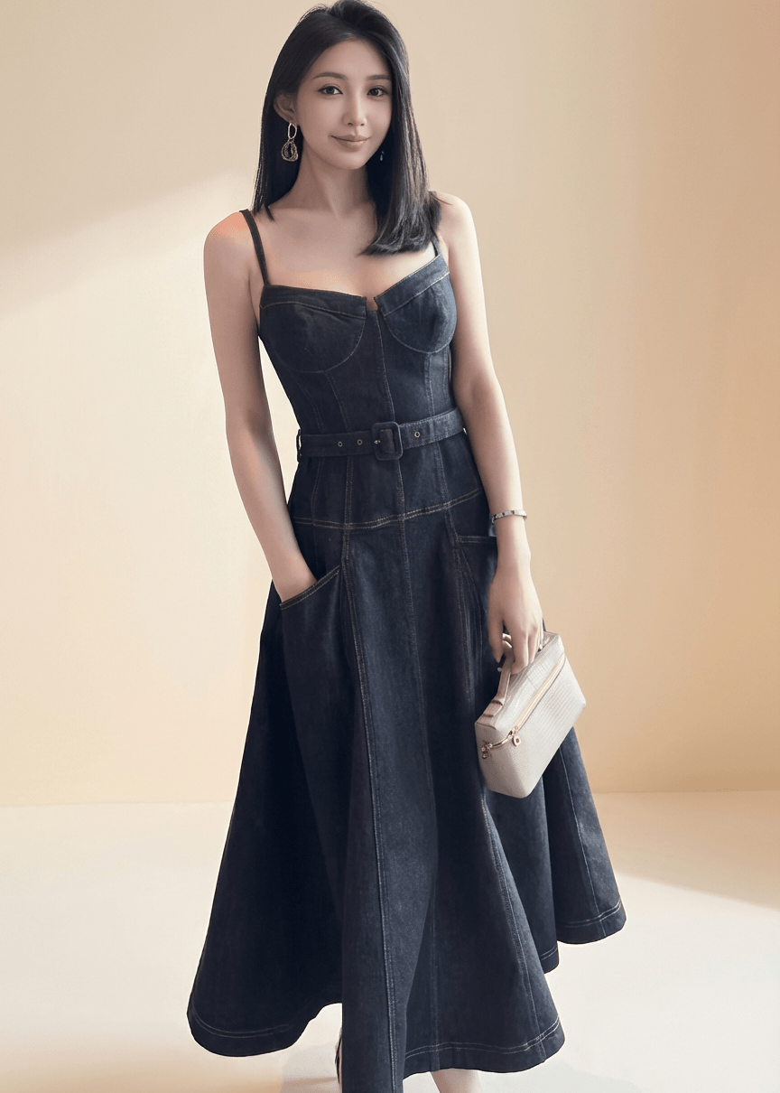 コルセットラインベルトフレアデニムドレス - Vera Lumina