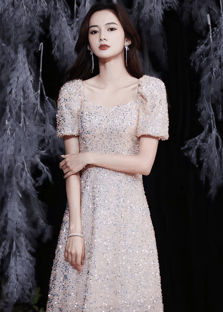 オーロラスパンコールパフスリーブフレアドレス - Vera Lumina