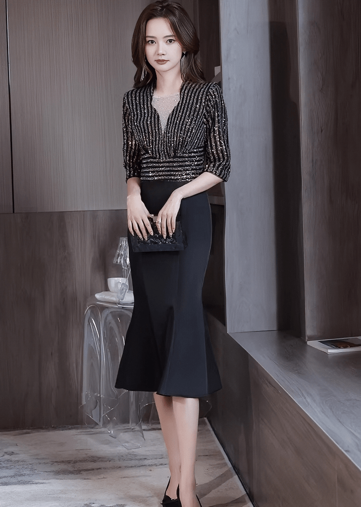 グリッターストライプマーメイドミディドレス - Vera Lumina