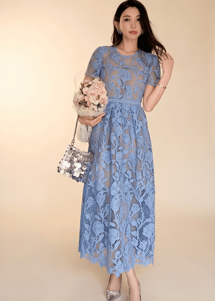 フラワーカットワークベルテッドドレス - Vera Lumina