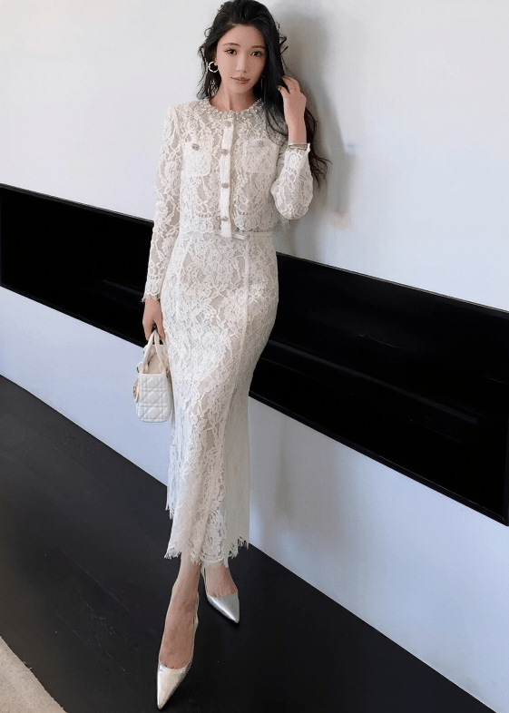 ビジューボタンレースブラウス＆マーメイドスカート - Vera Lumina