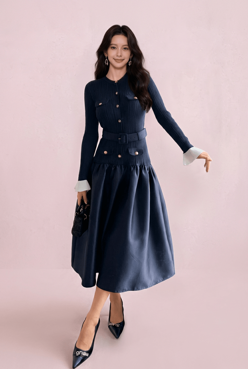 バイカラーパフスリーブバルーンシルエットドレス - Vera Lumina