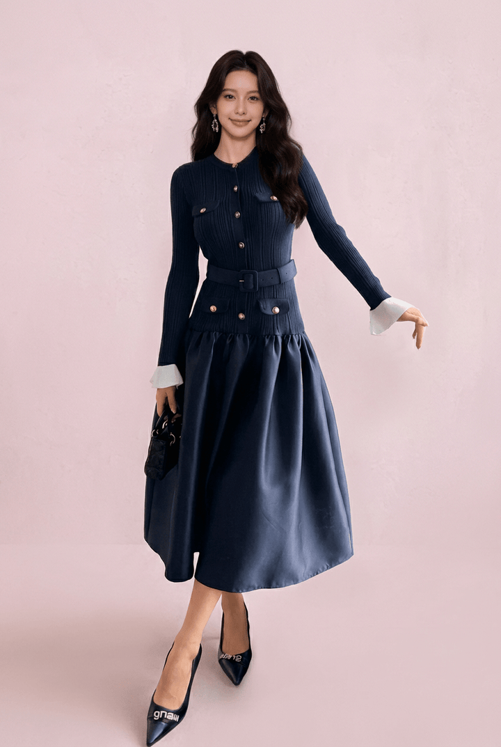 バイカラーパフスリーブバルーンシルエットドレス - Vera Lumina