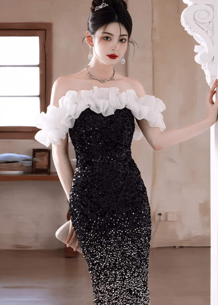 フリルオフショルダースパンコールマーメイドドレス - Vera Lumina