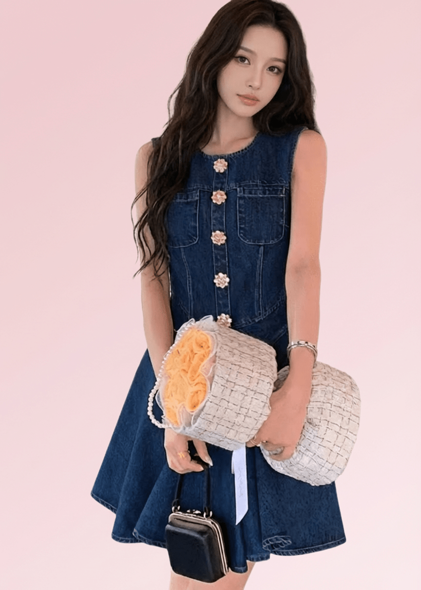 フラワービジューボタンフレアデニムワンピース - Vera Lumina