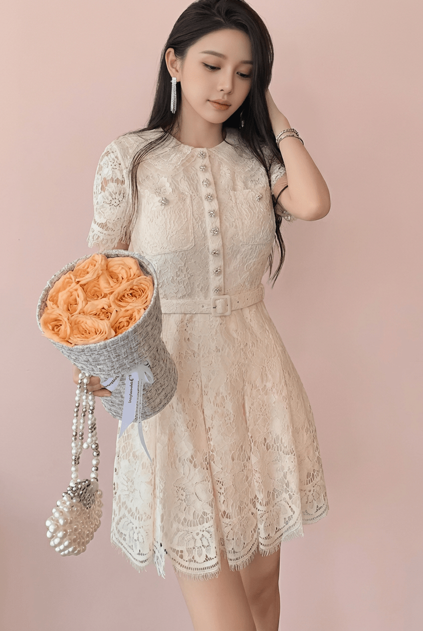 ビジューボタンスカラップレースドレス - Vera Lumina