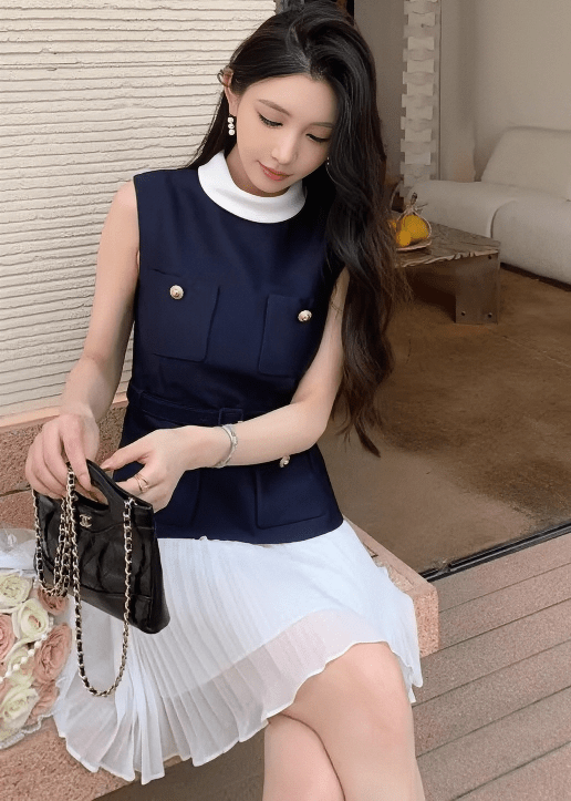 バイカラーハイネックシフォンプリーツドレス - Vera Lumina