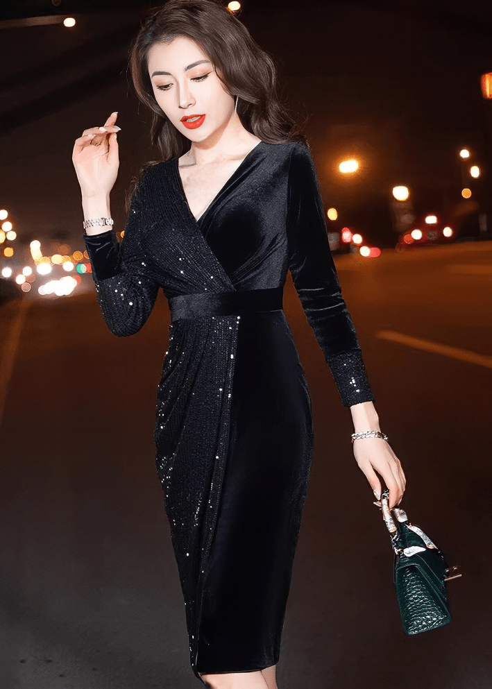 スパンコールベルベットラップドレス - Vera Lumina