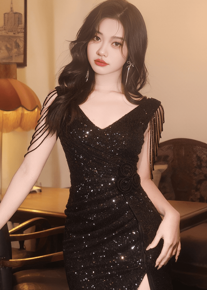 ビジューフリンジスパンコールスリットドレス - Vera Lumina