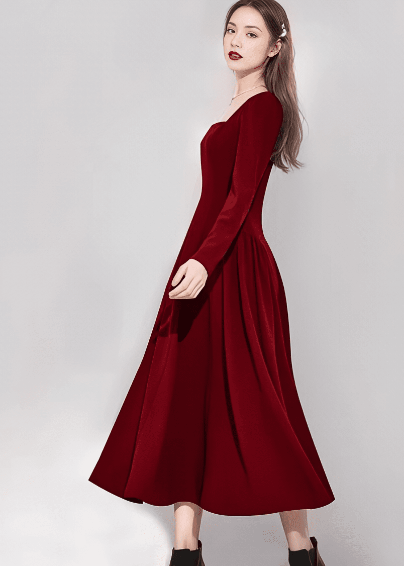 スクエアネックパフスリーブミディフレアドレス - Vera Lumina