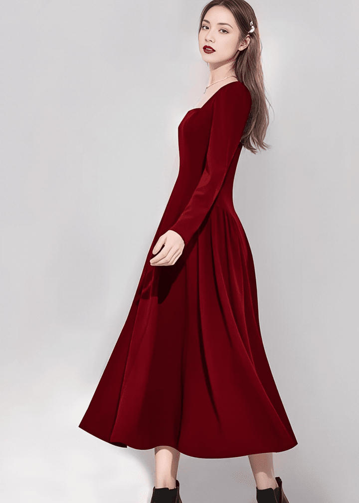 スクエアネックパフスリーブミディフレアドレス - Vera Lumina