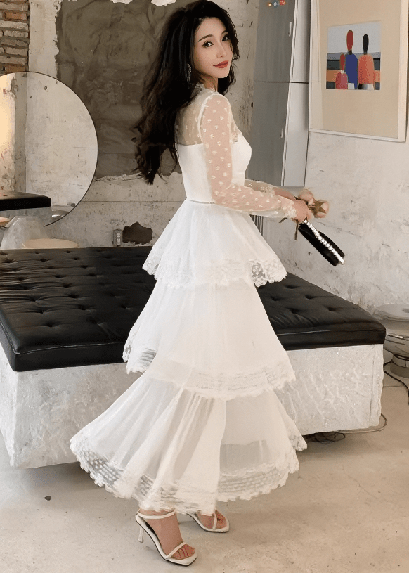 ドットチュールレースティアードプリーツドレス - Vera Lumina