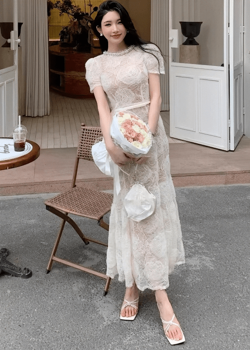 ビジューネックローズモチーフマーメイドドレス - Vera Lumina