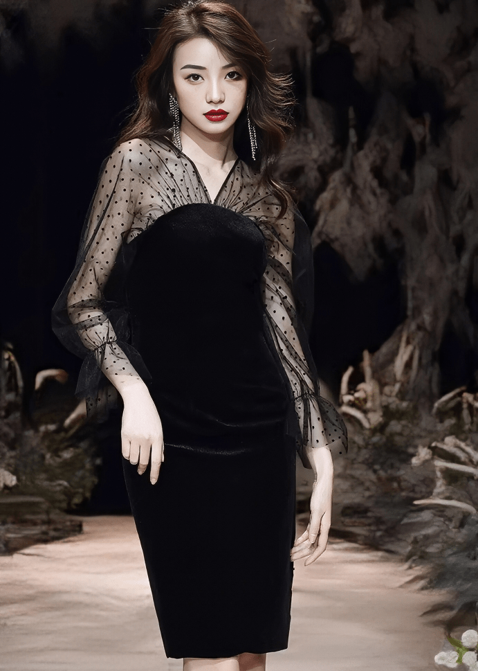 ドットチュールスリーブベルベットドレス - Vera Lumina