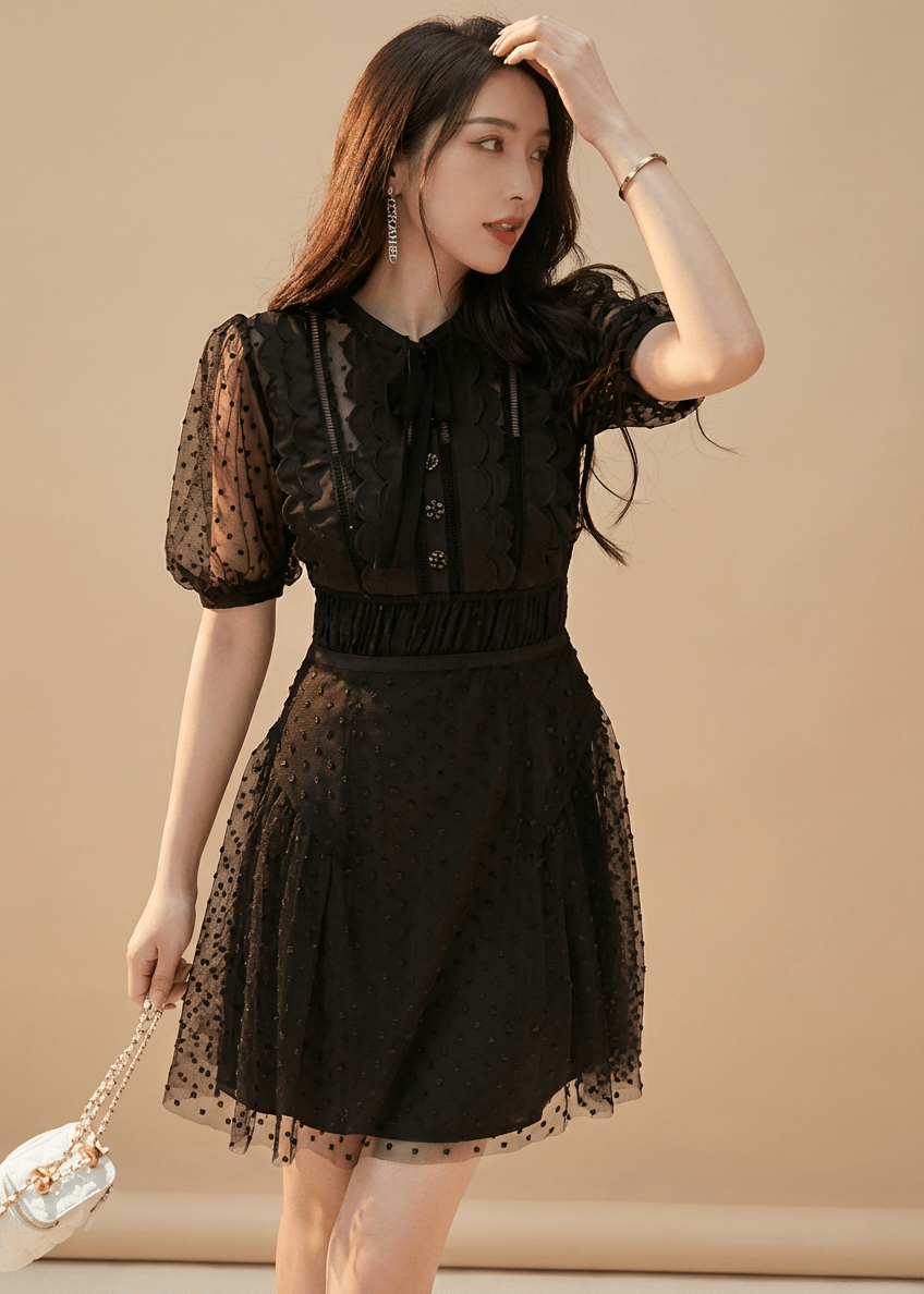 スカラップドットチュールボウタイパフドレス - Vera Lumina