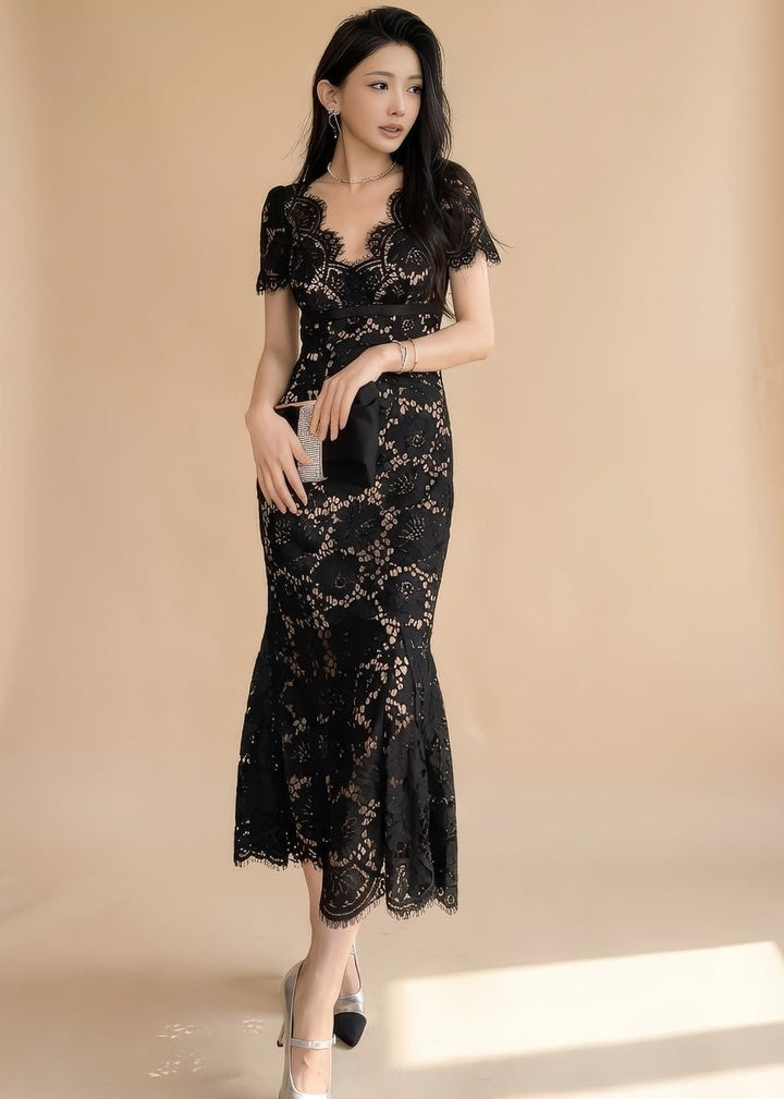 スカラップレースウエストリボンマーメイドドレス - Vera Lumina