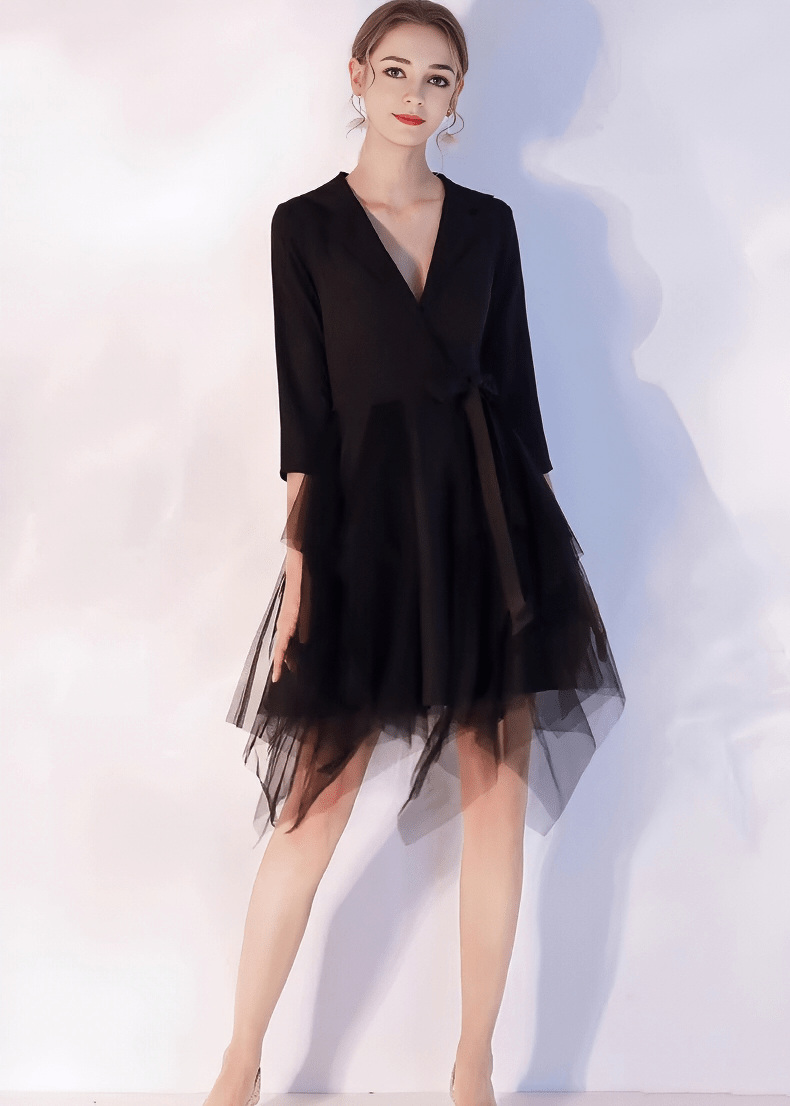 テーラードカラーチュールヘムリボンドレス - Vera Lumina