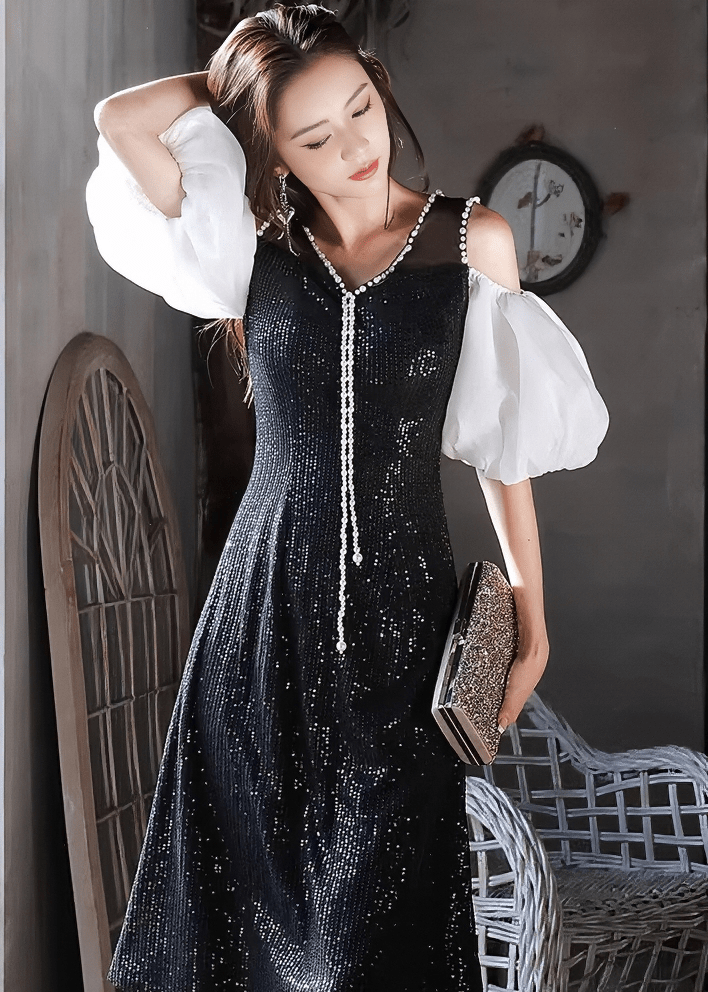 パールビジューボリュームパフスリーブフレアドレス - Vera Lumina