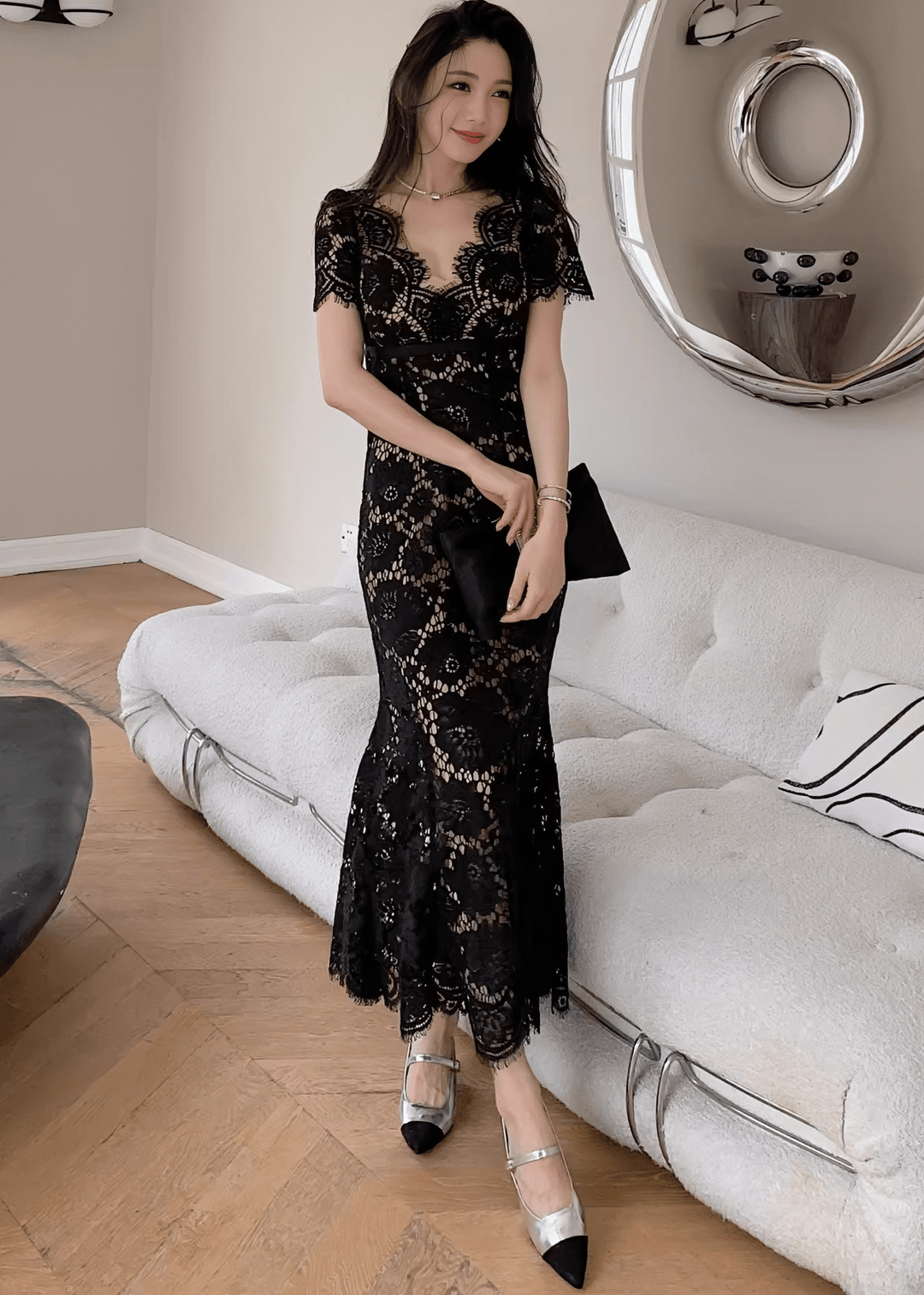 スカラップレースウエストリボンマーメイドドレス - Vera Lumina