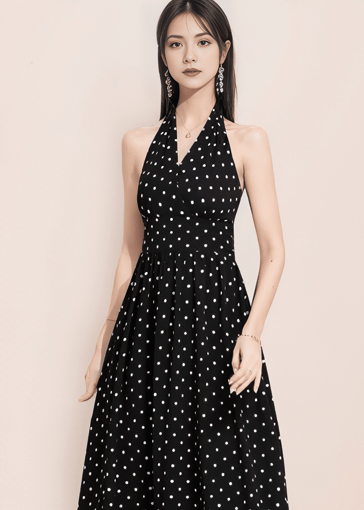 ドットホルターネックフレアワンピース - Vera Lumina