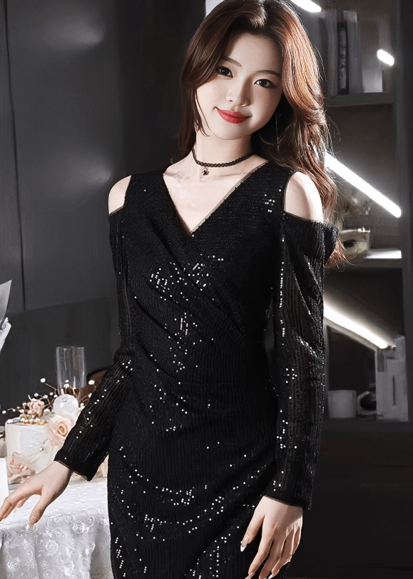 ビジューグリッターコールドショルダードレス - Vera Lumina