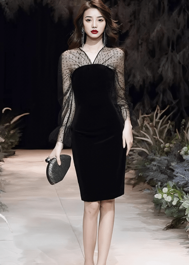 ドットチュールスリーブベルベットドレス - Vera Lumina