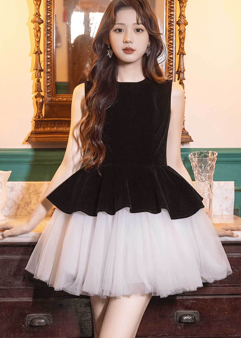 ベルベットペプラムチュールフレアドレス - Vera Lumina