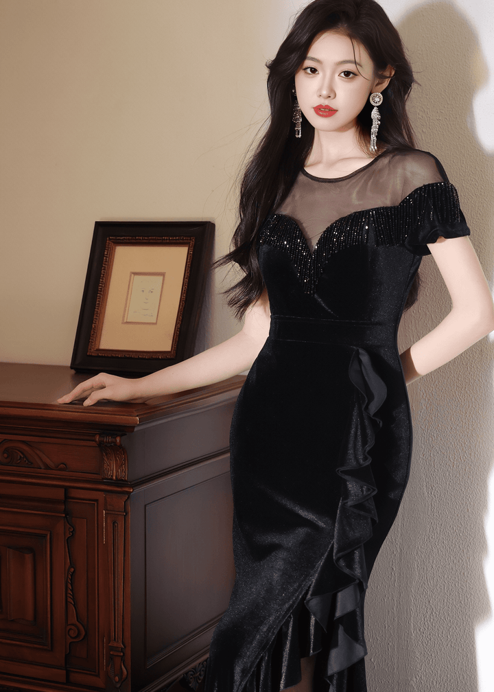 ベルベットシアーフリルマーメイドドレス - Vera Lumina