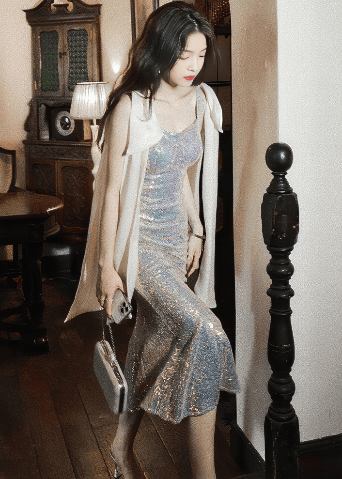 ショルダリボンスパンコールマーメイドドレス - Vera Lumina