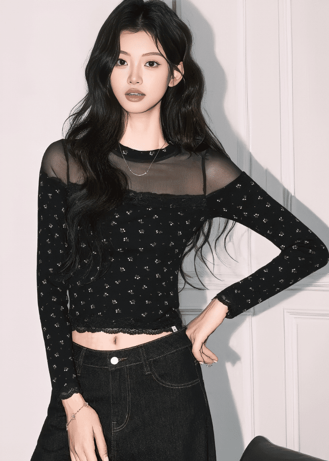 シアーレースドッキングフラワートップス - Vera Lumina