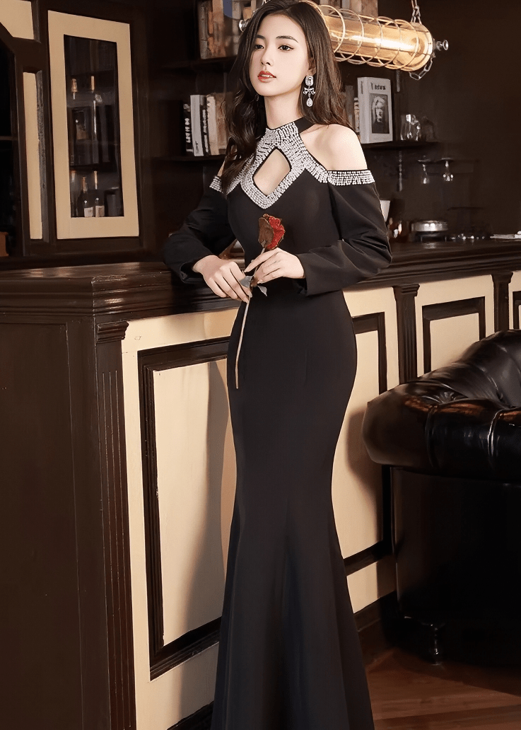 オープンショルダービジューマーメイドドレス - Vera Lumina