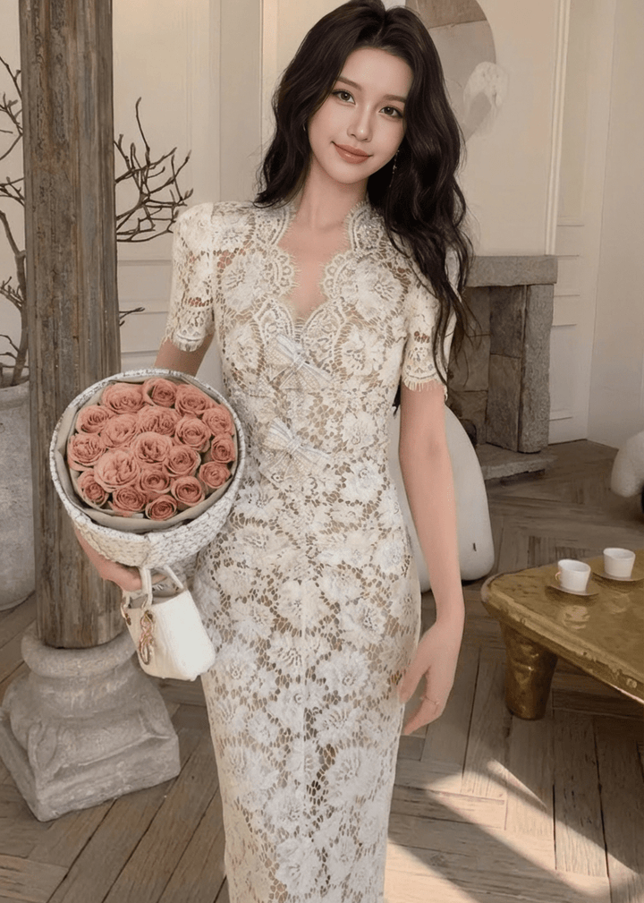 スカラップネックリボンパールマーメイドドレス - Vera Lumina