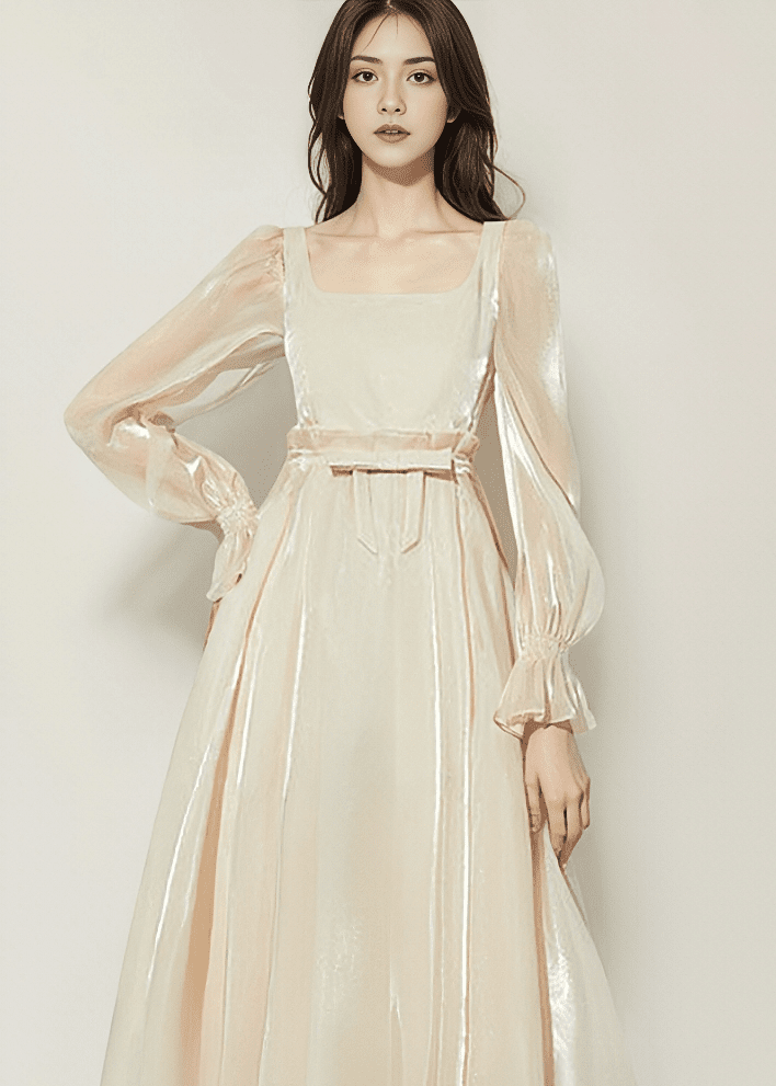 シルキーサテンサイドギャザーロングワンピース - Vera Lumina