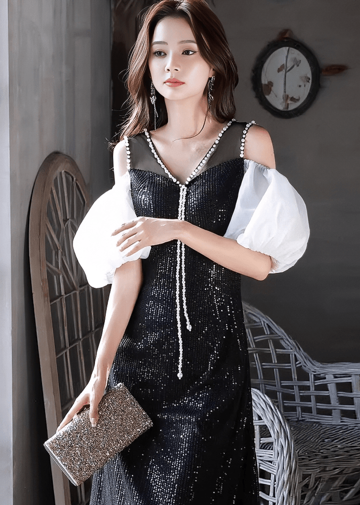 パールビジューボリュームパフスリーブフレアドレス - Vera Lumina