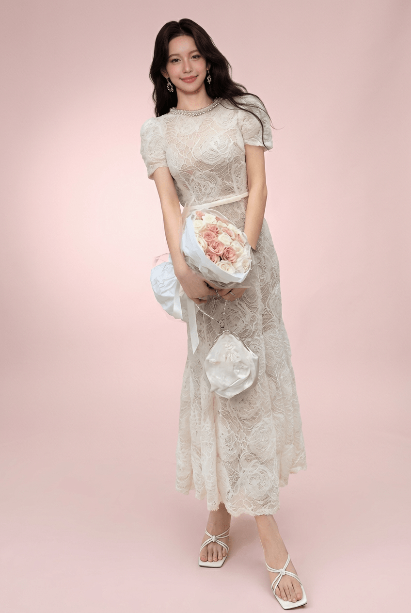 ビジューネックローズモチーフマーメイドドレス - Vera Lumina