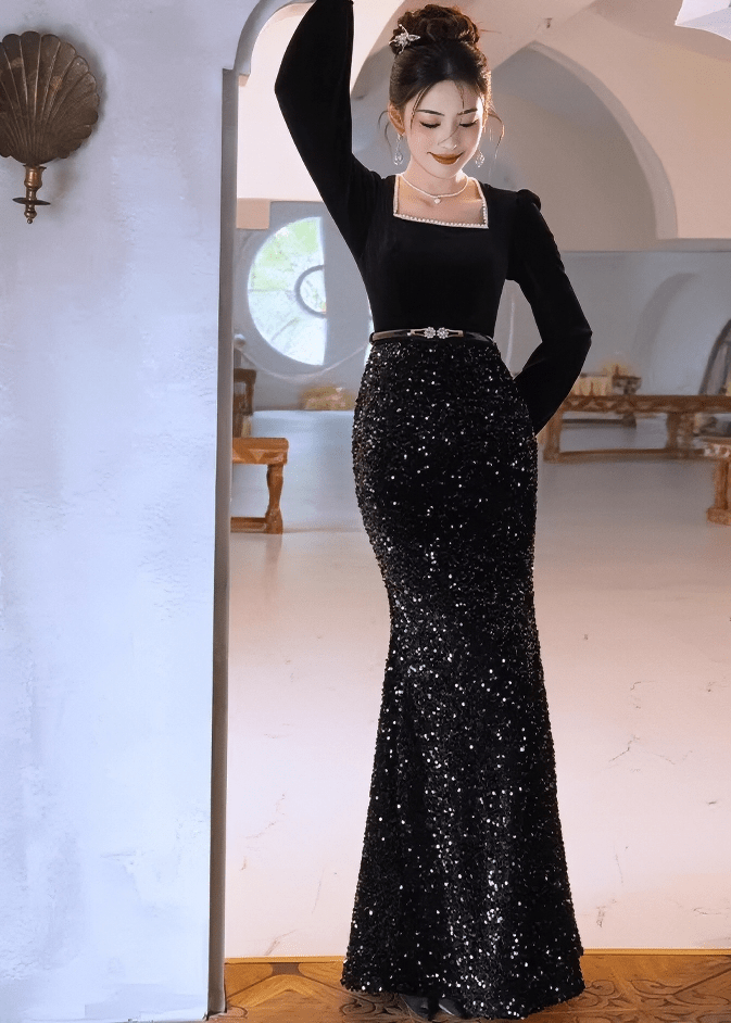 スクエアネックビジューマーメイドドレス - Vera Lumina