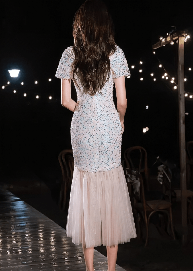 スパンコールチュールフィッシュテールドレス - Vera Lumina
