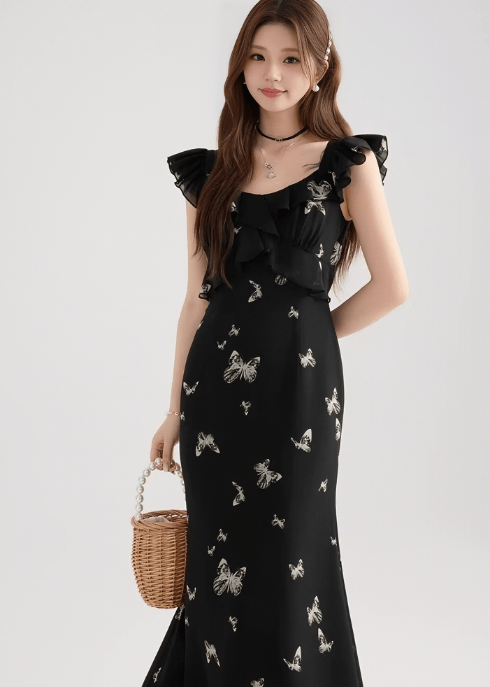 バタフライフリルスリーブマーメイドドレス - Vera Lumina