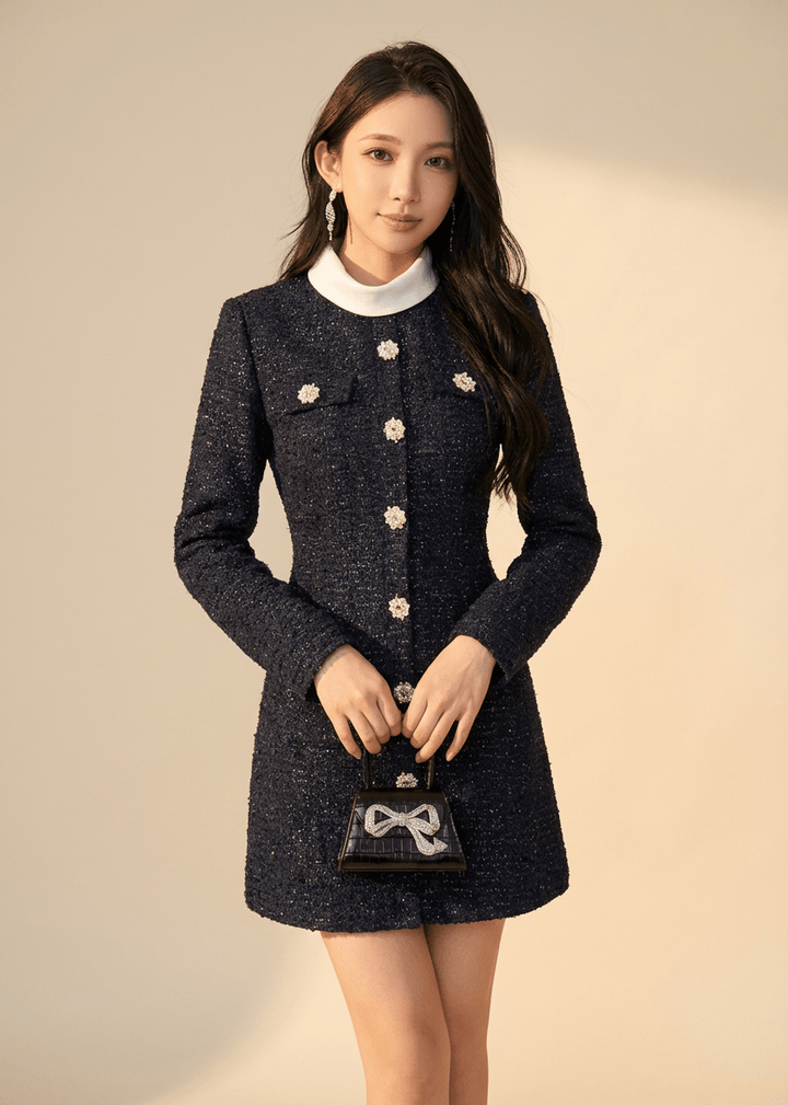 フラワービジューボタンラメツイードドレス - Vera Lumina