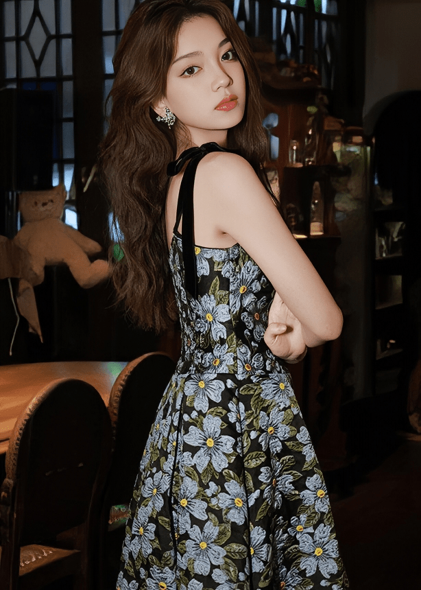 フラワーエンブロイダリーリボンフレアドレス - Vera Lumina