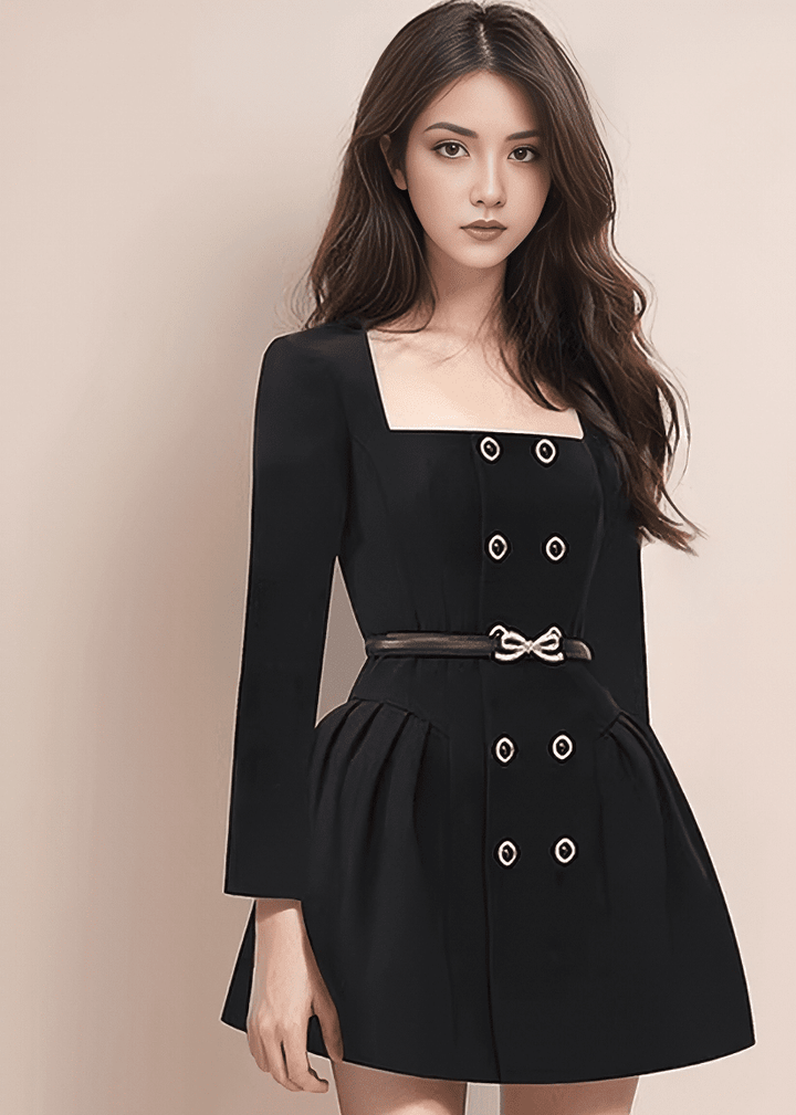 ビジューリボンベルトスクエアネックミニドレス - Vera Lumina