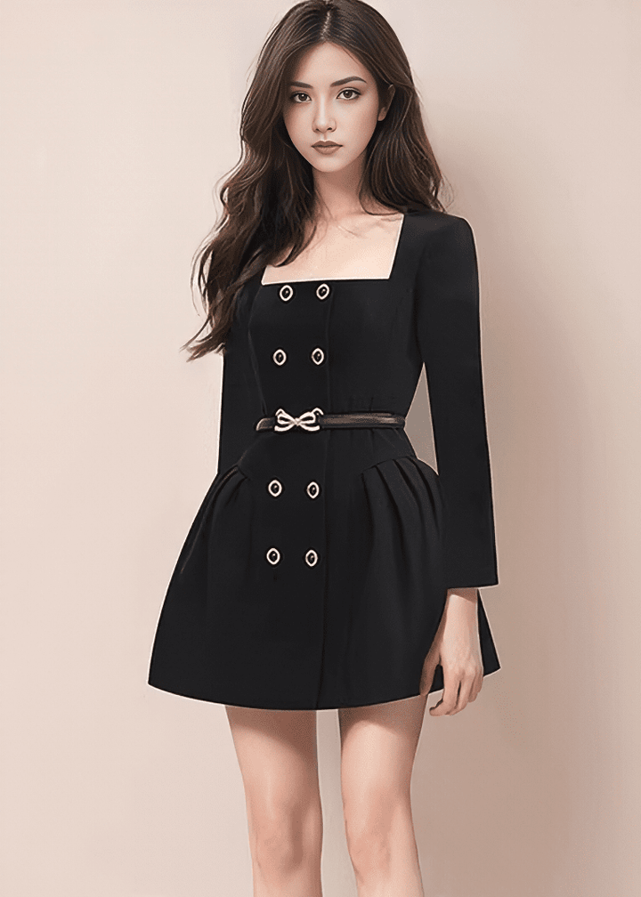 ビジューリボンベルトスクエアネックミニドレス - Vera Lumina