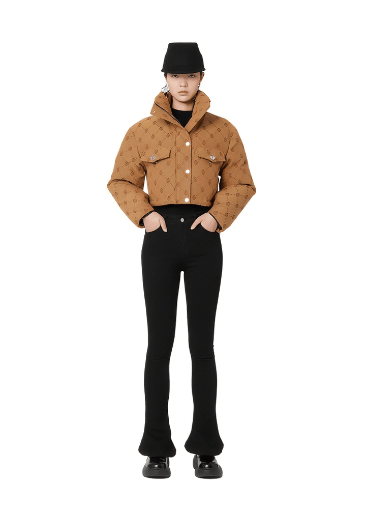 retro jacquard high - neck short down coat - Vera Lumina
