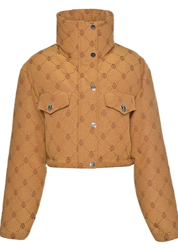 retro jacquard high - neck short down coat - Vera Lumina