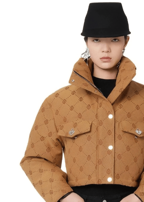 retro jacquard high - neck short down coat - Vera Lumina