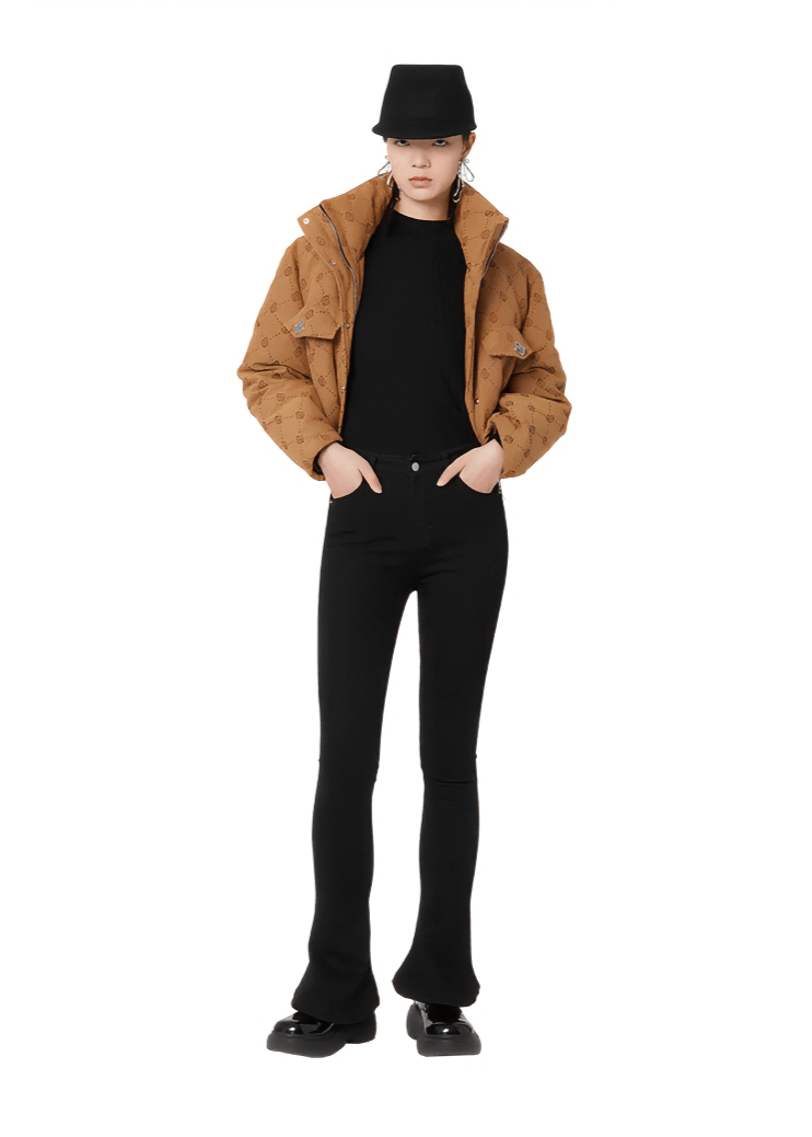 retro jacquard high - neck short down coat - Vera Lumina