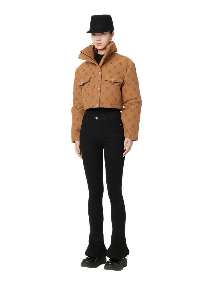 retro jacquard high - neck short down coat - Vera Lumina