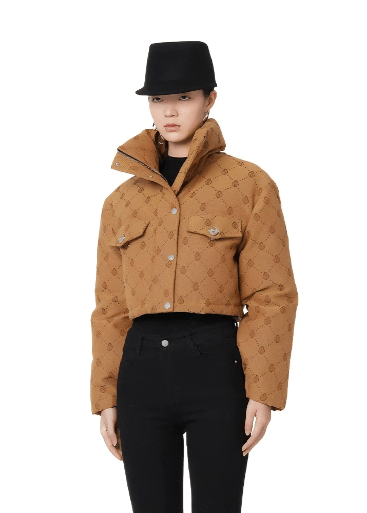 retro jacquard high - neck short down coat - Vera Lumina